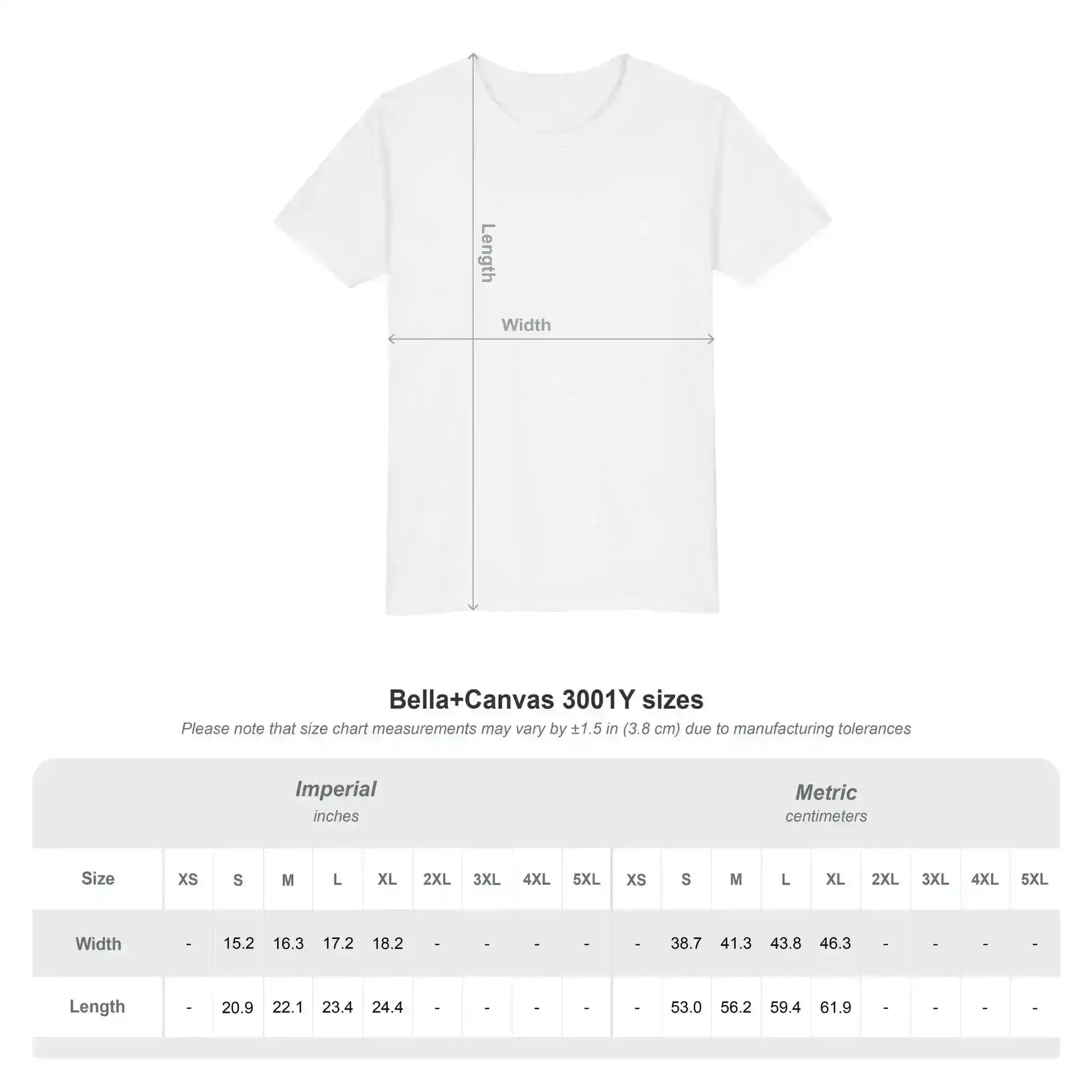 Bella+Canvas 3001Y size chart with width and length measurements for graphic tees