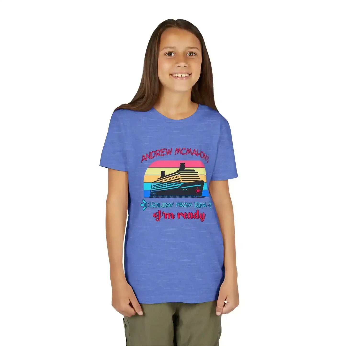 Smiling child in blue graphic tee with cruise ship and retro sunset design, Cady Creations