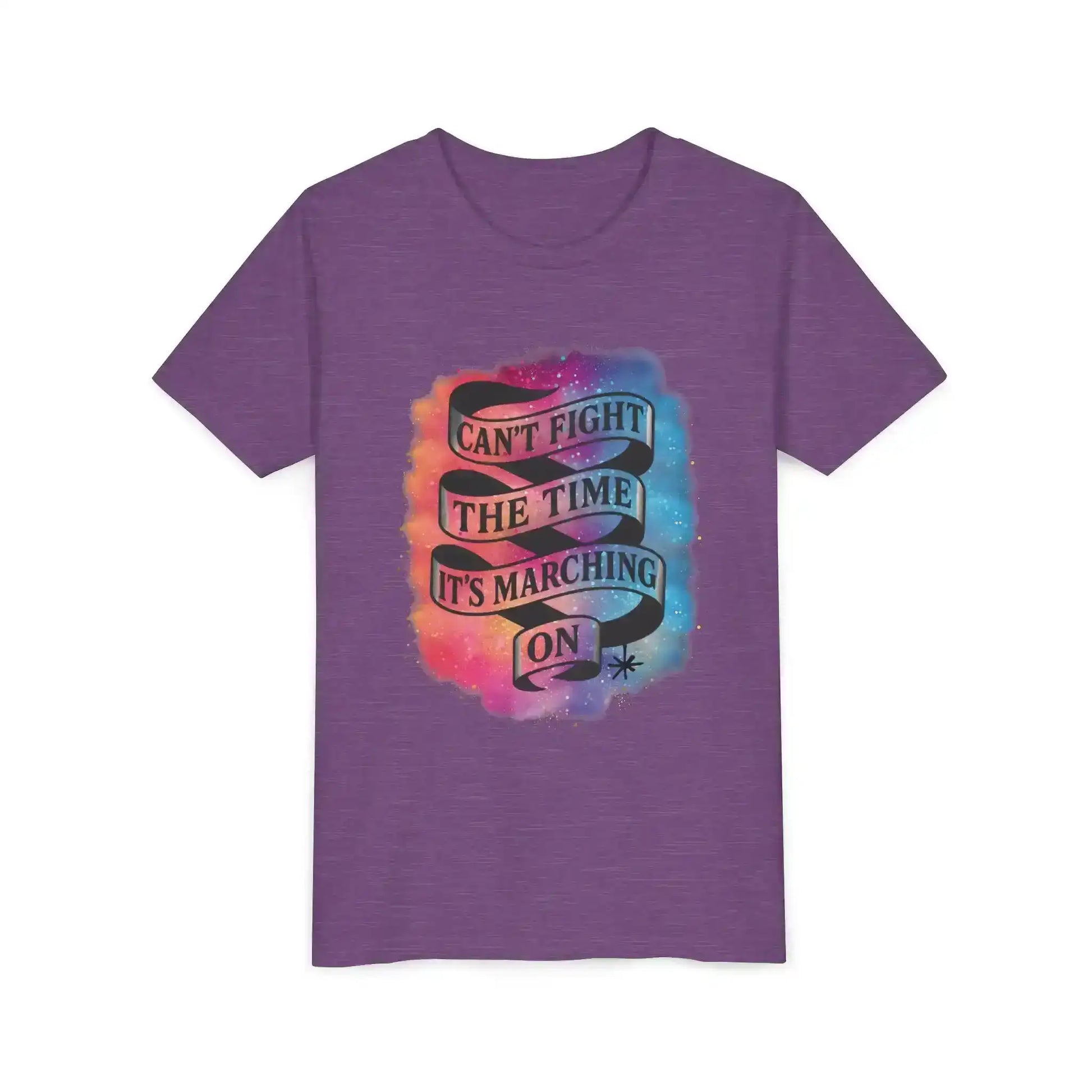 Purple graphic tee with 'Can't Fight The Time, It's Marching On' ribbon and colorful background