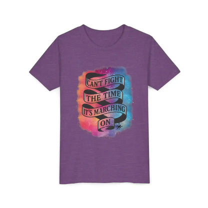 Purple graphic tee with 'Can't Fight The Time, It's Marching On' ribbon and colorful background