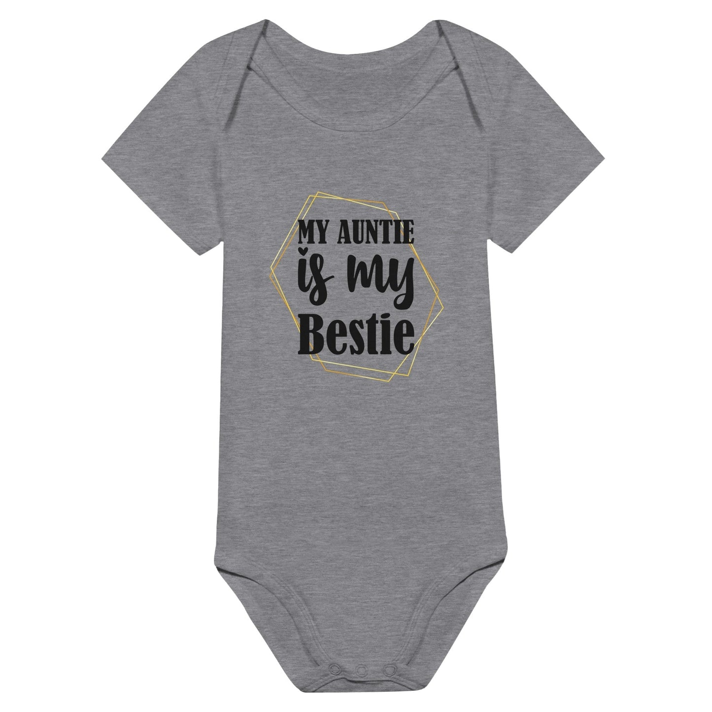 "My Auntie is my Bestie" baby onesie in gray with playful typography design.