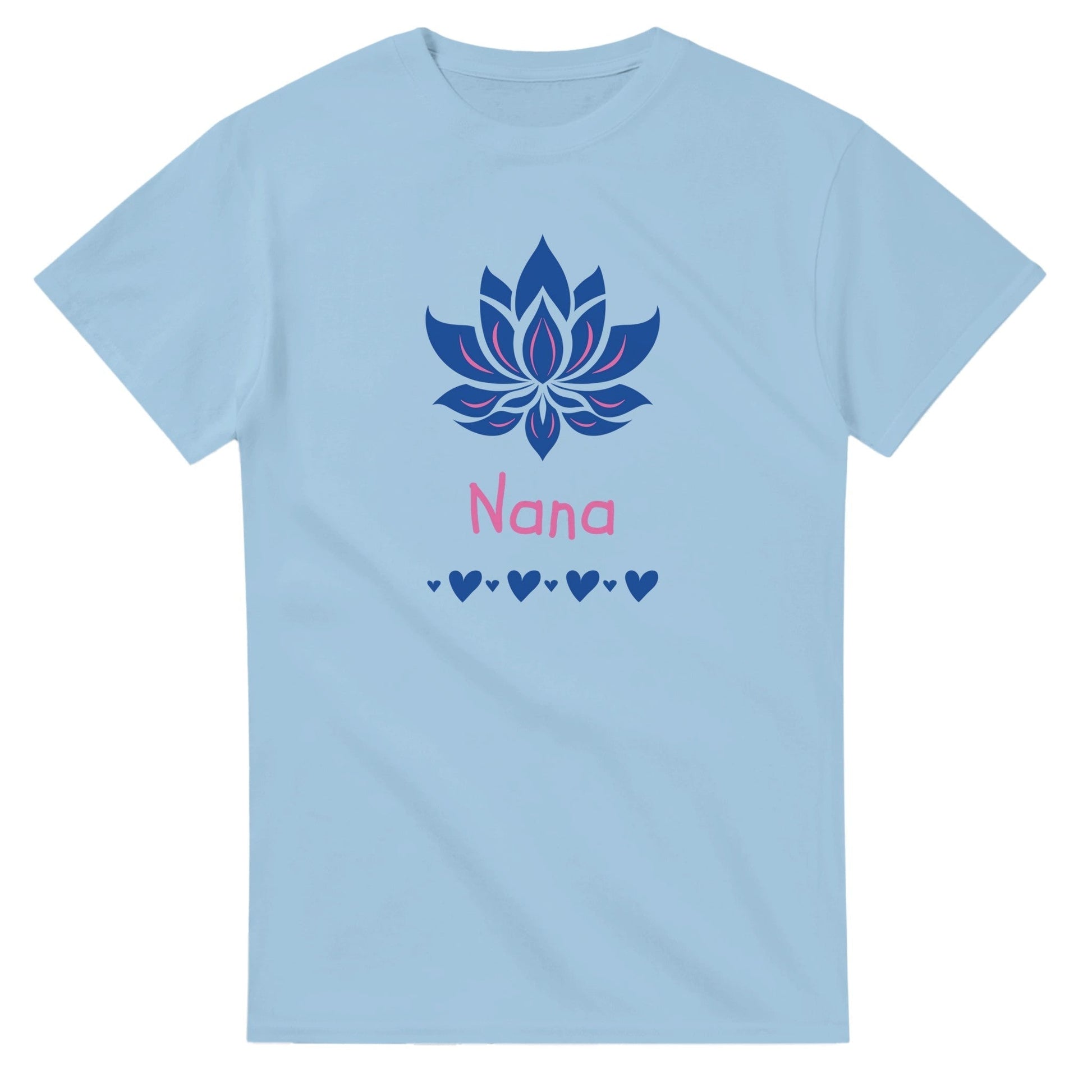 Light blue "Nana" graphic tee with floral design and heart accents.