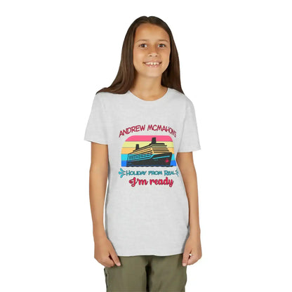 Smiling girl wearing a graphic tee with a cruise ship and retro sunset design from Cady Creations