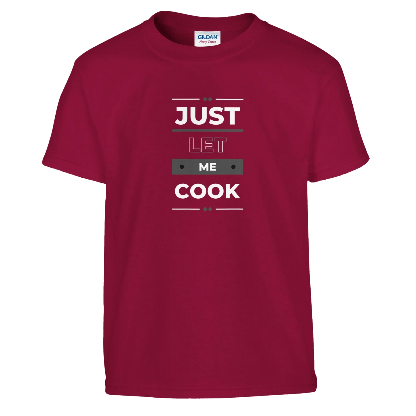 Youth-sized graphic tee with "Just Let Me Cook" slogan in bold typography on red fabric.