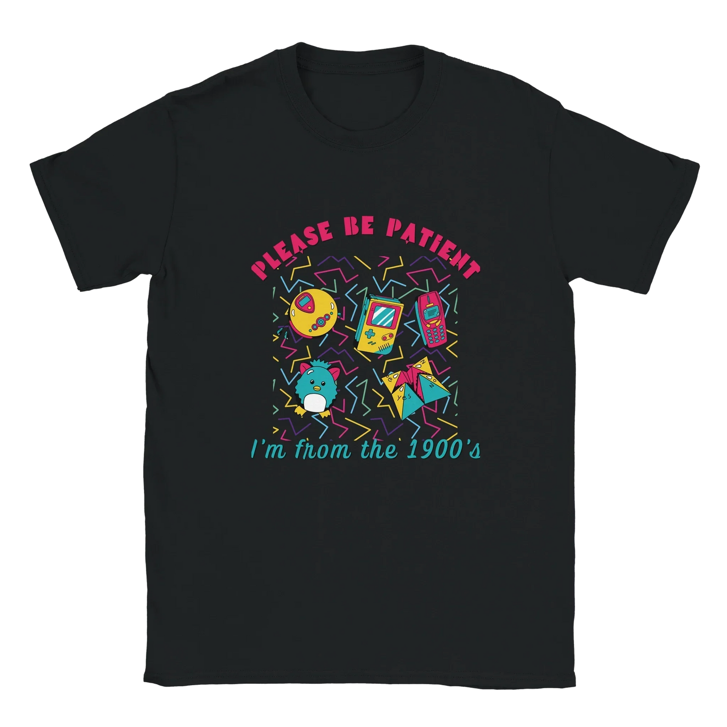 Graphic tee with "Please Be Patient, I'm From the 1900s" print, vintage-inspired design.