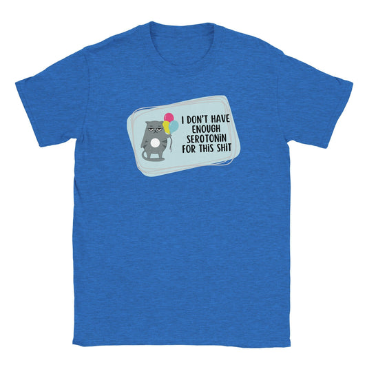 Blue graphic tee with witty text "I don't have enough serotonin for this shiz," featuring a cartoon design.