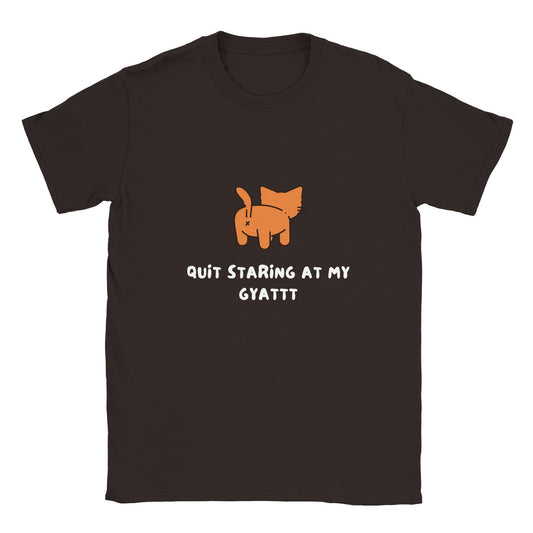 Adult graphic tee with "Quit Staring at My Gyattt" and cartoon design.