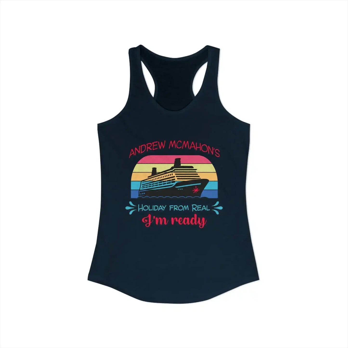 Navy graphic tank top featuring a cruise ship and retro stripes, Holiday from Real design