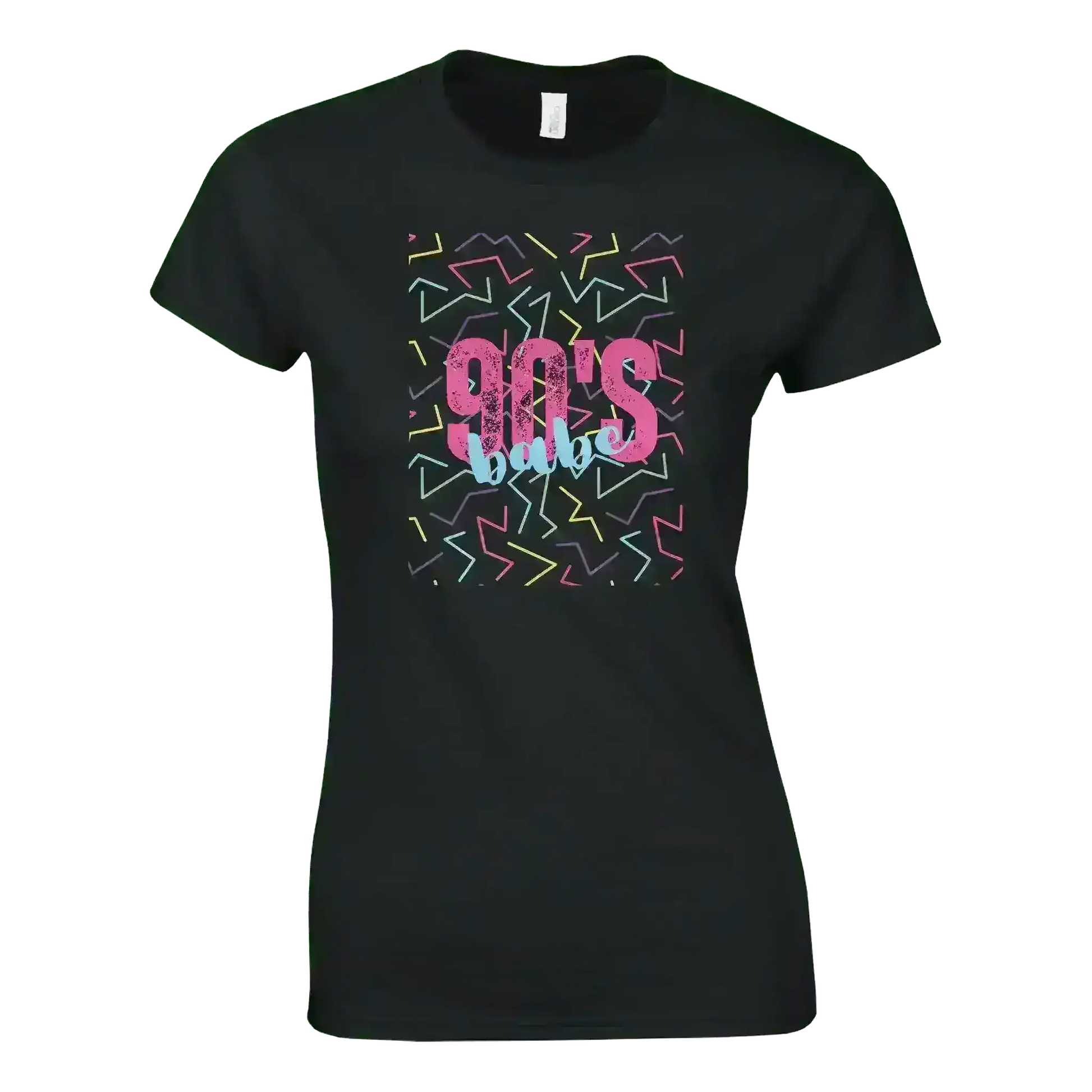 Women's black 90's Babe retro vibes fitted graphic tee with colorful geometric print by Cady Creations.