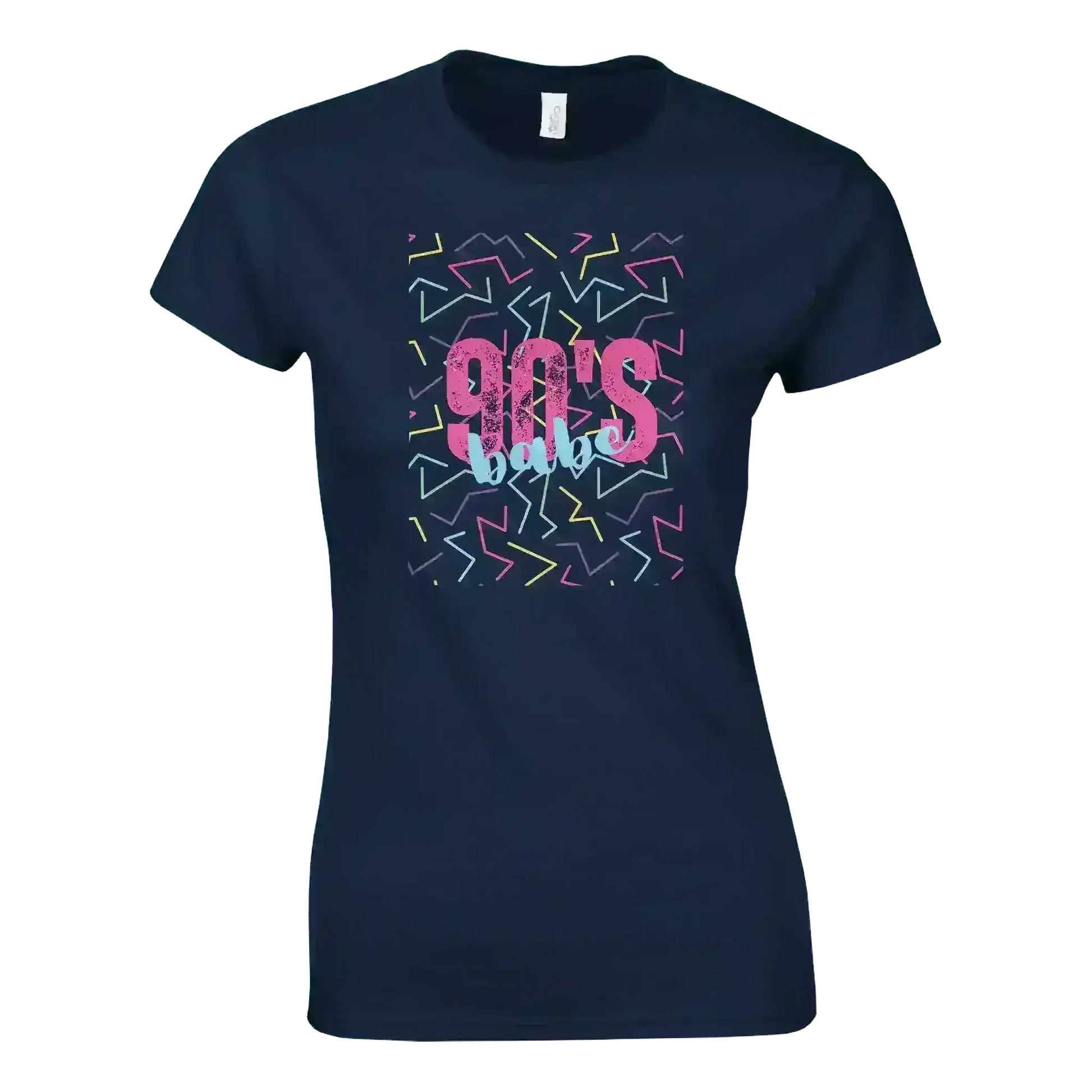 Navy fitted graphic tee with '90's babe' text and colorful retro shapes, Cady Creations