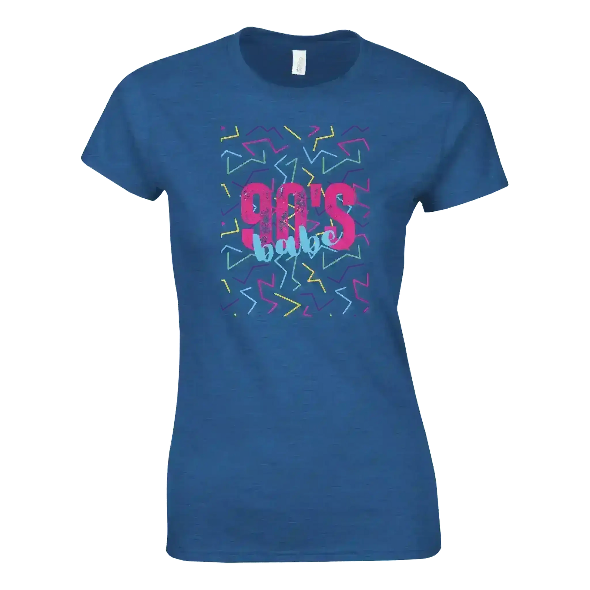 90s Babe retro graphic tee in blue with colorful geometric accents, Cady Creations