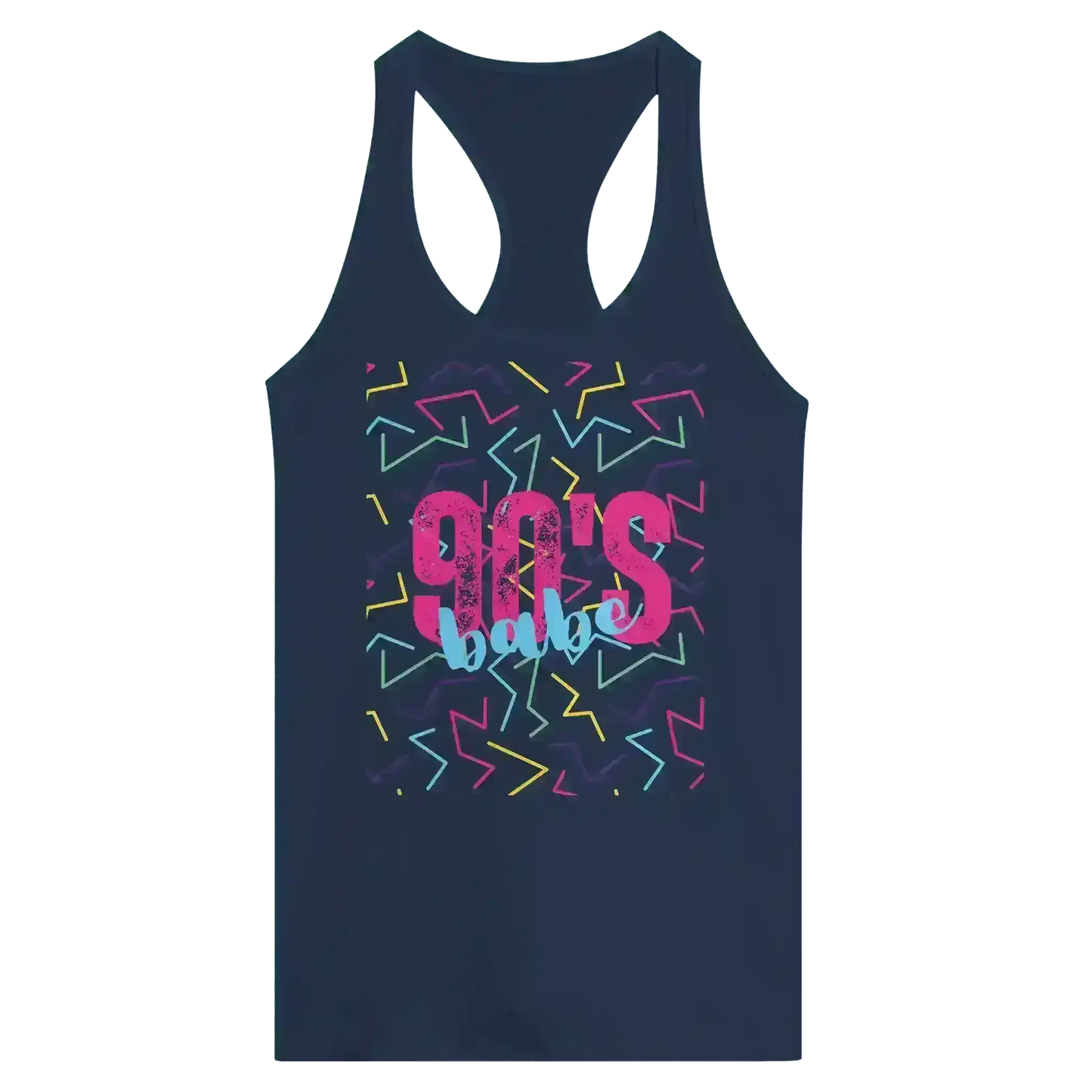 Navy racerback tank with colorful 90's babe retro graphic by Cady Creations