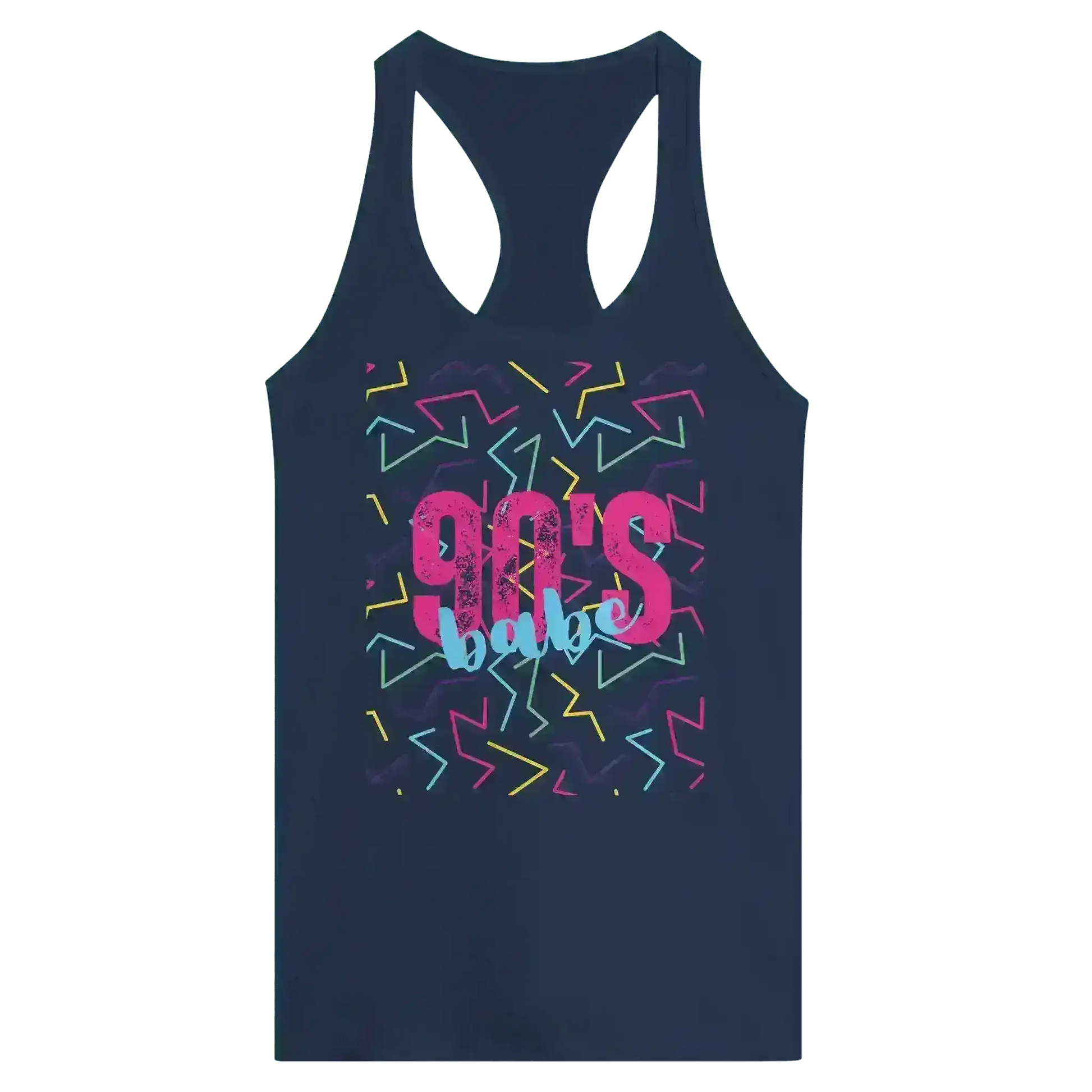 Navy racerback tank with colorful 90's babe retro graphic by Cady Creations
