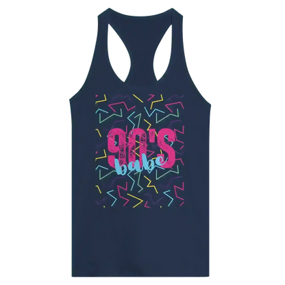 Navy racerback tank with colorful 90's babe retro graphic by Cady Creations