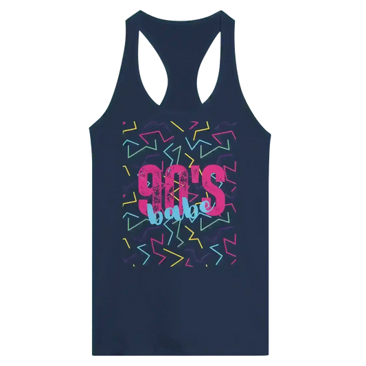 Navy racerback tank with colorful 90's babe retro graphic by Cady Creations