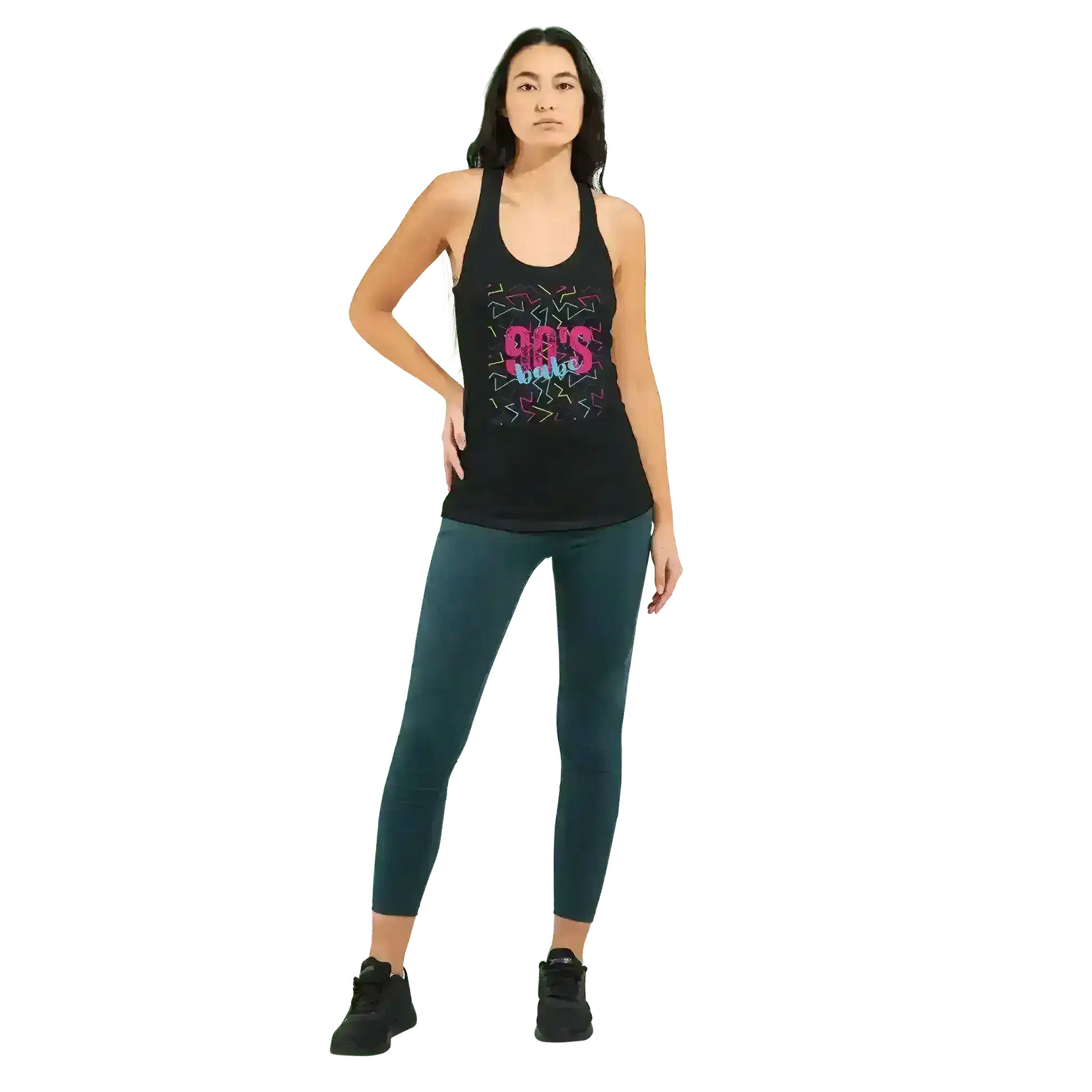 Woman wearing black racerback tank top with 90s Babe Retro Vibes graphic, Cady Creations