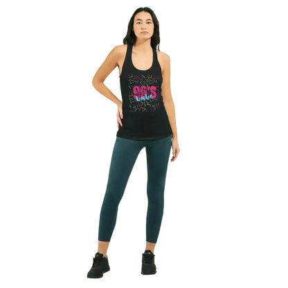 Woman wearing black racerback tank top with 90s Babe Retro Vibes graphic, Cady Creations