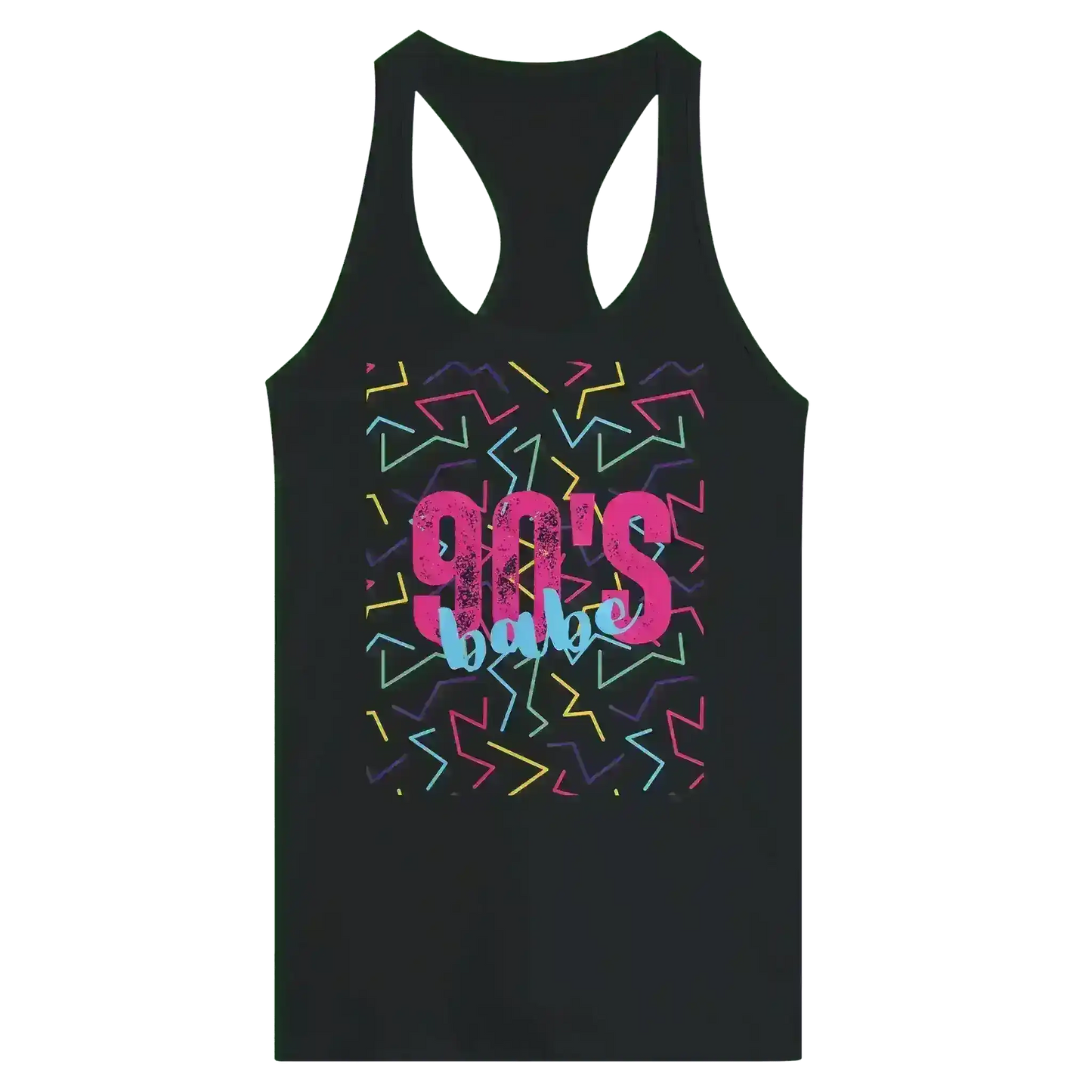 Black racerback tank top with colorful 90's Babe retro graphic and neon zigzag pattern by Cady Creations