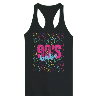 Black racerback tank top with colorful 90's Babe retro graphic and neon zigzag pattern by Cady Creations
