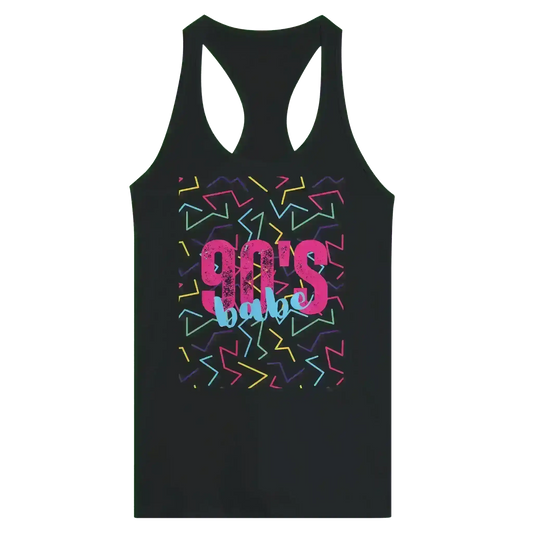 Black racerback tank top with colorful 90's Babe retro graphic and neon zigzag pattern by Cady Creations