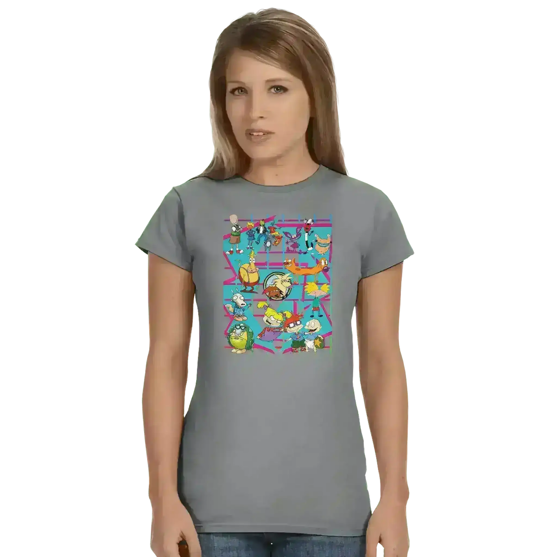 Woman wearing grey t-shirt with colorful 90s retro cartoon characters, Cady Creations style