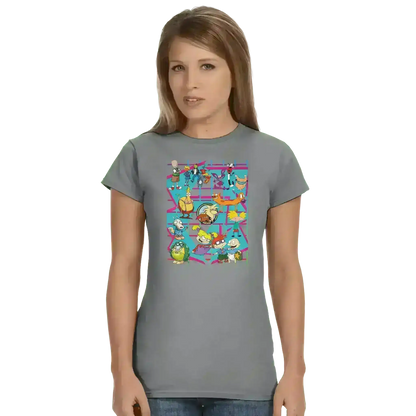 Woman wearing grey t-shirt with colorful 90s retro cartoon characters, Cady Creations style