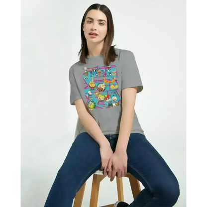 Woman wearing grey retro 90s cartoon squad graphic t-shirt from Cady Creations