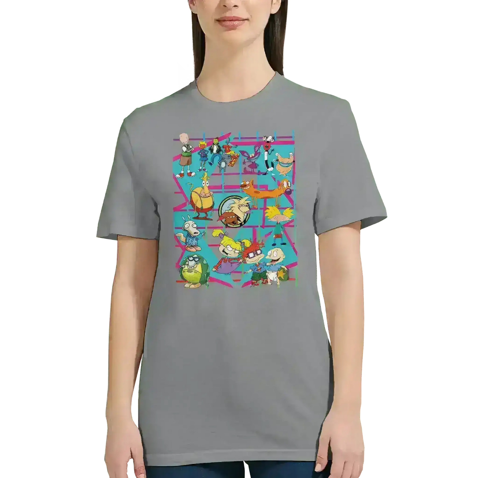 Woman wearing grey Cady Creations t-shirt with colorful 90s retro cartoon character grid.