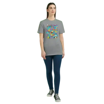 Woman wearing gray Cady Creations retro cartoon squad graphic tee with colorful 90s design