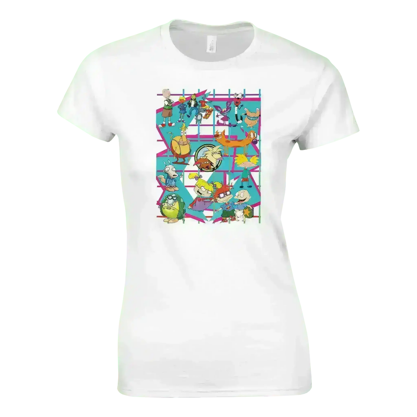 White fitted t-shirt with colorful retro 90s cartoon characters, Cady Creations graphic tee