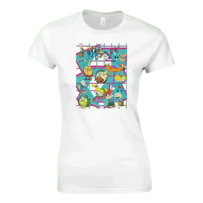 White fitted t-shirt with colorful retro 90s cartoon characters, Cady Creations graphic tee