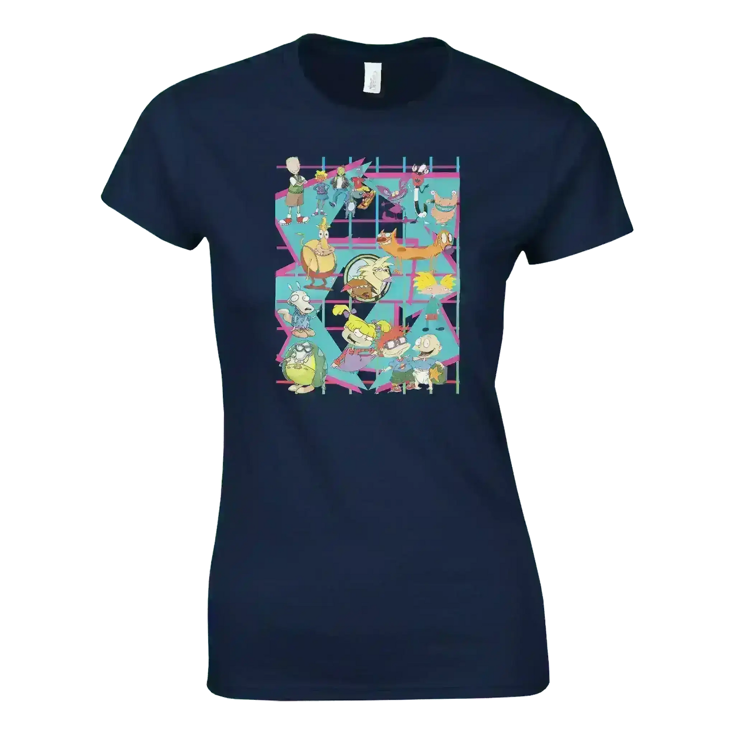 Navy fitted t-shirt with colorful 90s retro cartoon characters grid, Cady Creations apparel