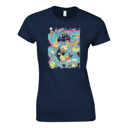 Navy fitted t-shirt with colorful 90s retro cartoon characters grid, Cady Creations apparel