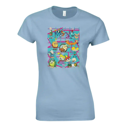 Light blue fitted t-shirt with 90s retro cartoon character grid, pop culture style by Cady Creations