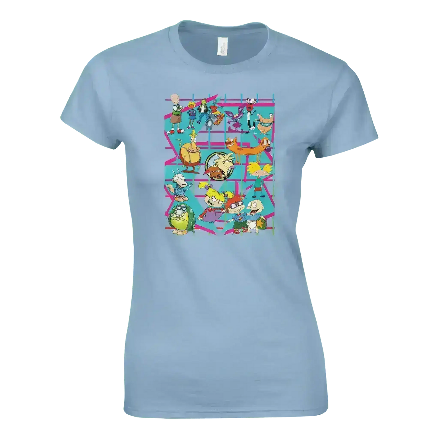 Light blue Cady Creations t-shirt featuring a grid of colorful retro 90s cartoon characters.