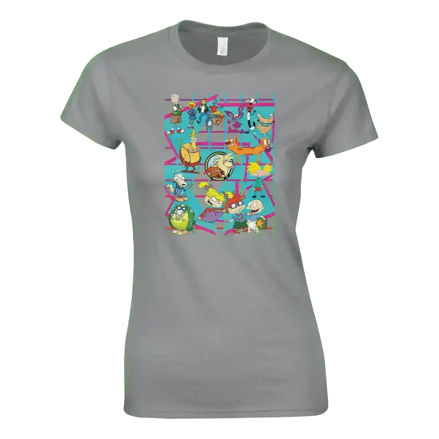 Grey fitted t-shirt with colorful 90s retro cartoon characters grid, Cady Creations style