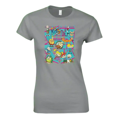 Grey fitted t-shirt with colorful 90s retro cartoon characters grid, Cady Creations style