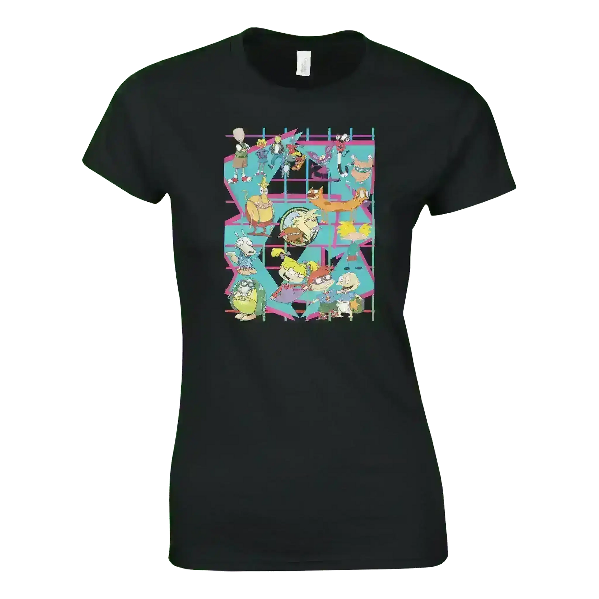 Black fitted t-shirt featuring a grid of 90s retro cartoon characters, Cady Creations graphic tee