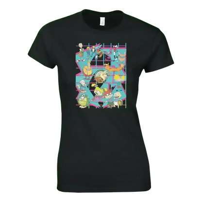 Black fitted t-shirt featuring a grid of 90s retro cartoon characters, Cady Creations graphic tee