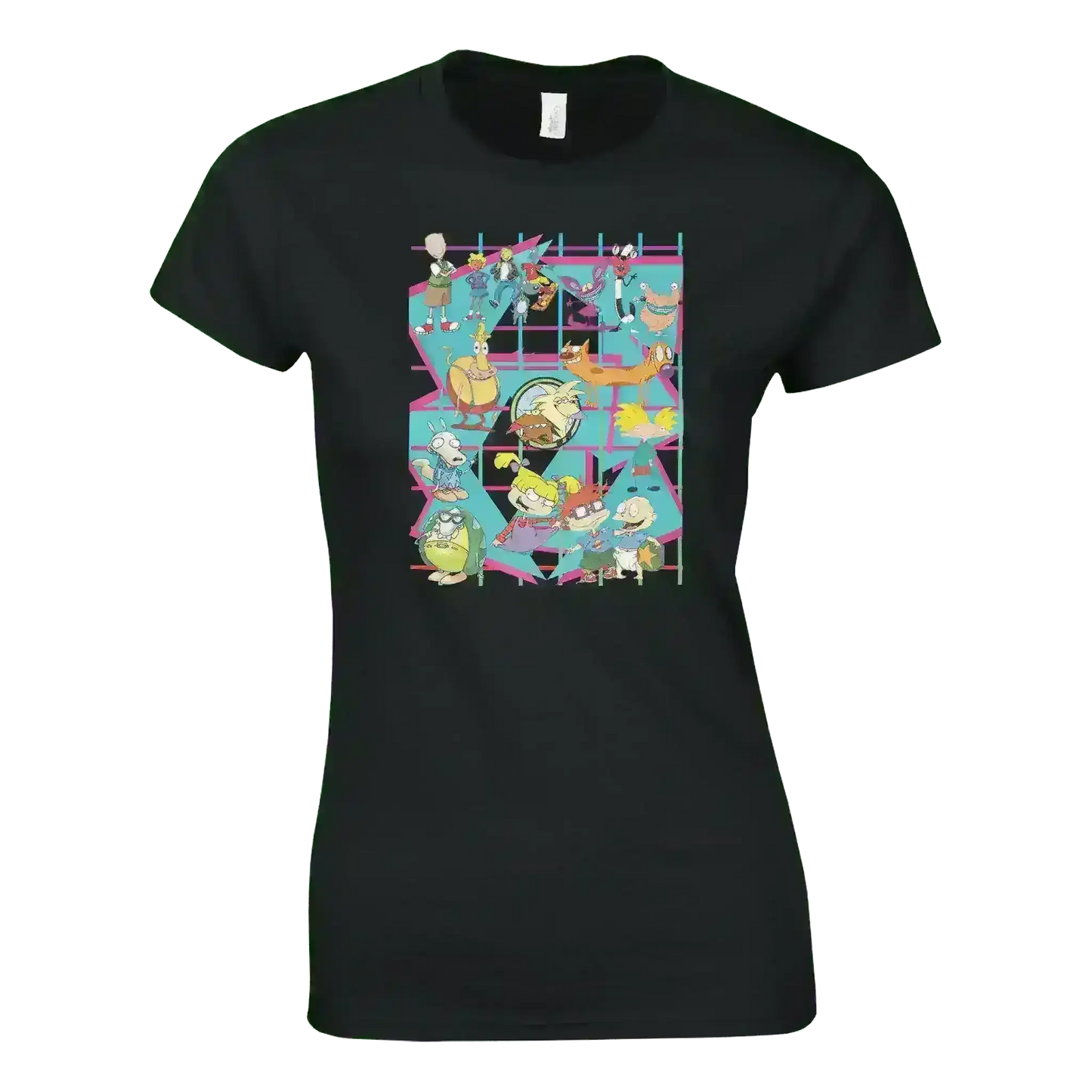 Black fitted t-shirt with vibrant retro 90s cartoon character grid graphic, Cady Creations