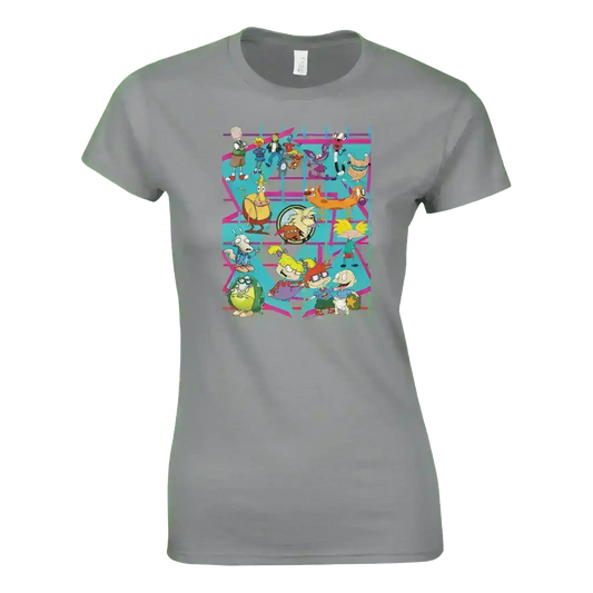 Gray women's graphic tee with colorful retro 90s cartoon characters, Cady Creations design