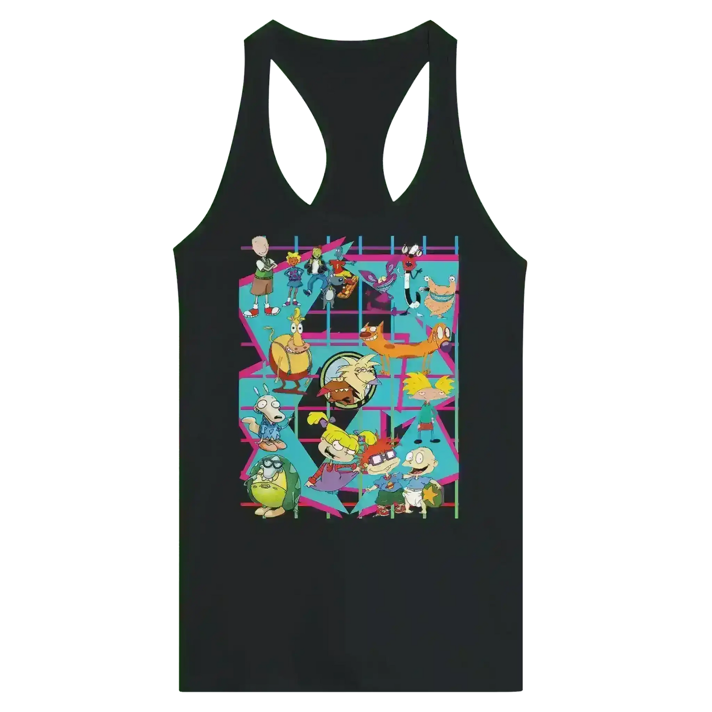 Black racerback tank with colorful 90s retro cartoon characters, Cady Creations graphic apparel