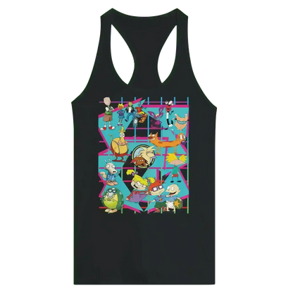 Black racerback tank with colorful 90s retro cartoon characters, Cady Creations graphic apparel