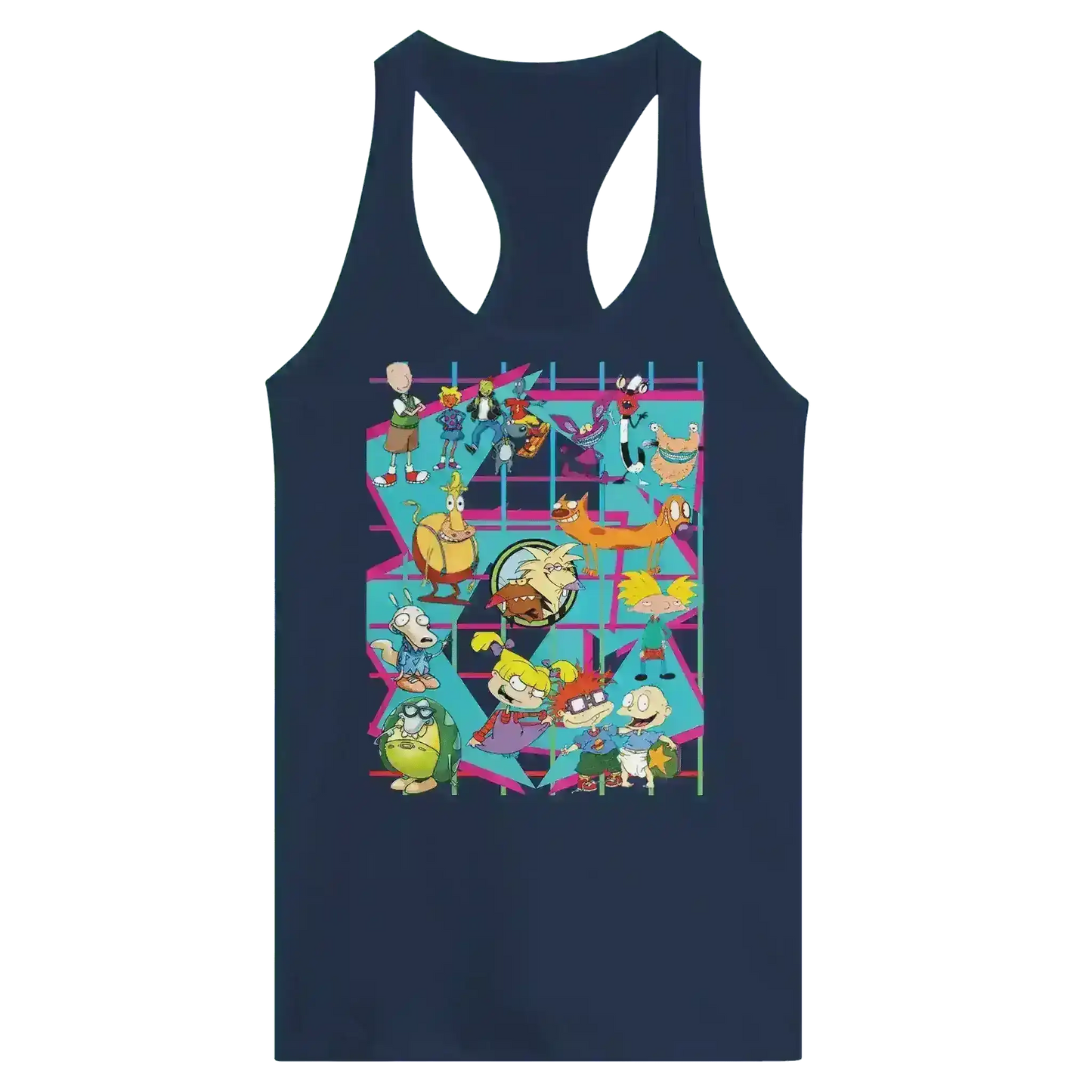 Navy racerback tank featuring colorful retro cartoon characters in a grid, Cady Creations