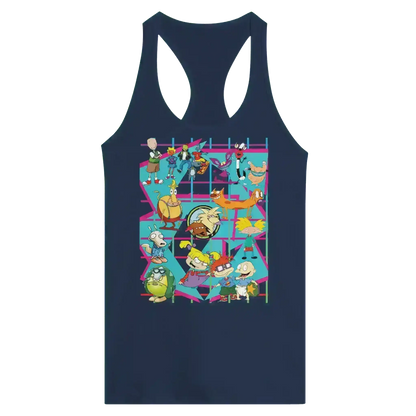 Navy racerback tank featuring colorful retro cartoon characters in a grid, Cady Creations
