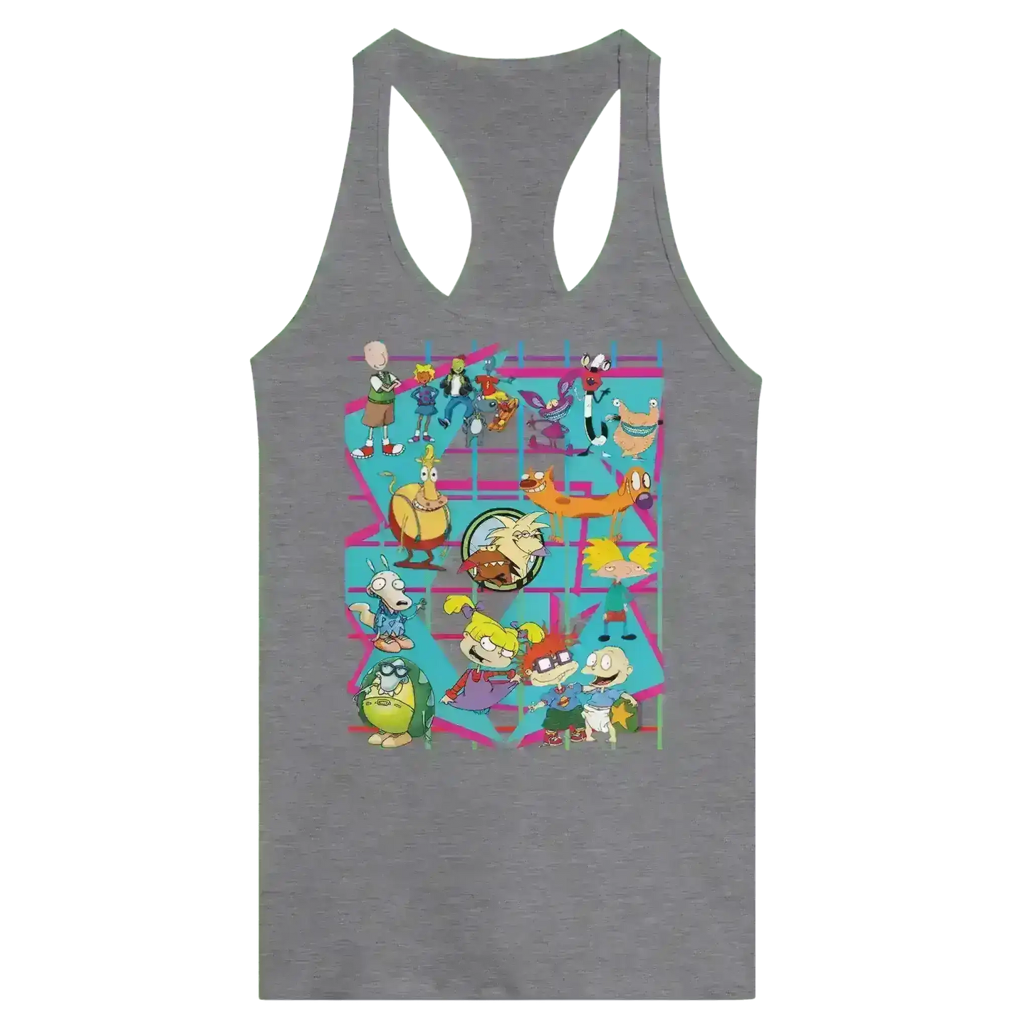 Grey racerback tank top featuring a colorful 90s retro cartoon character grid design
