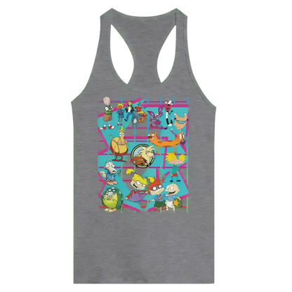 Grey racerback tank top featuring a colorful 90s retro cartoon character grid design
