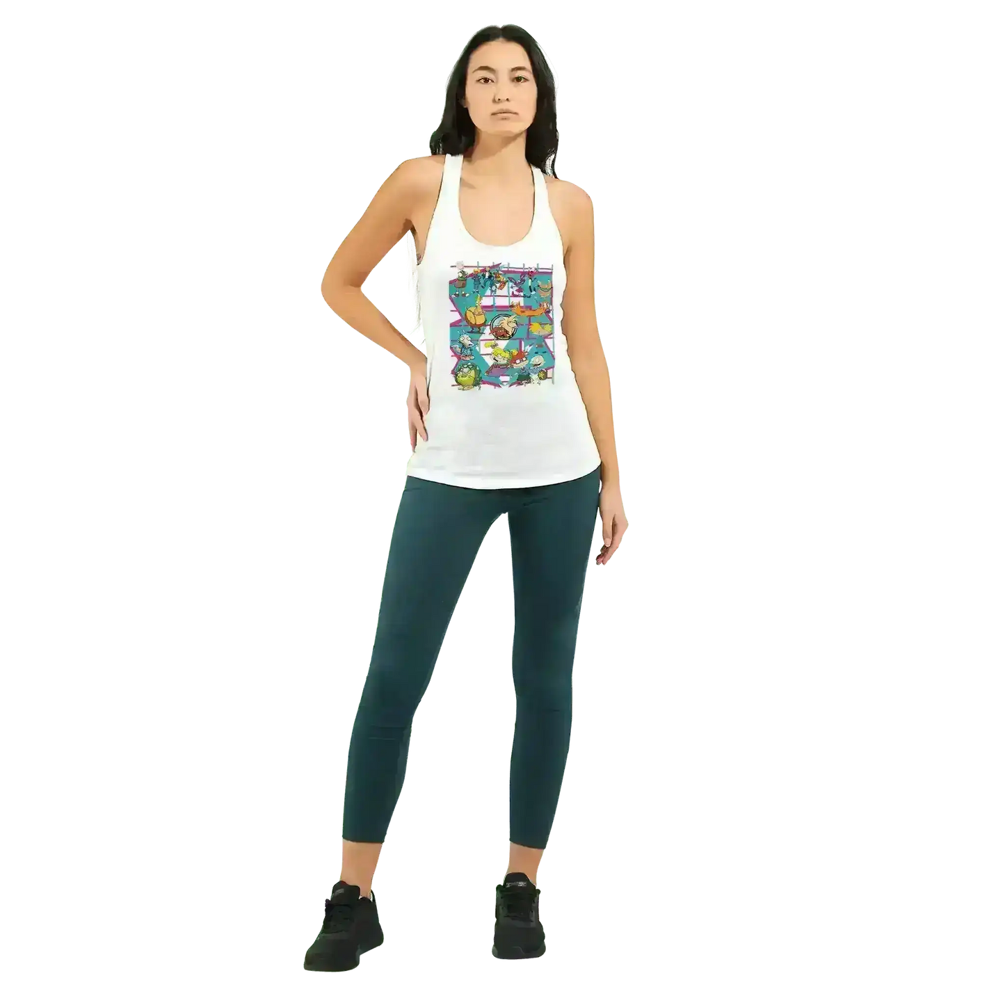 Woman wearing Cady Creations white racerback tank with colorful 90s retro cartoon grid design