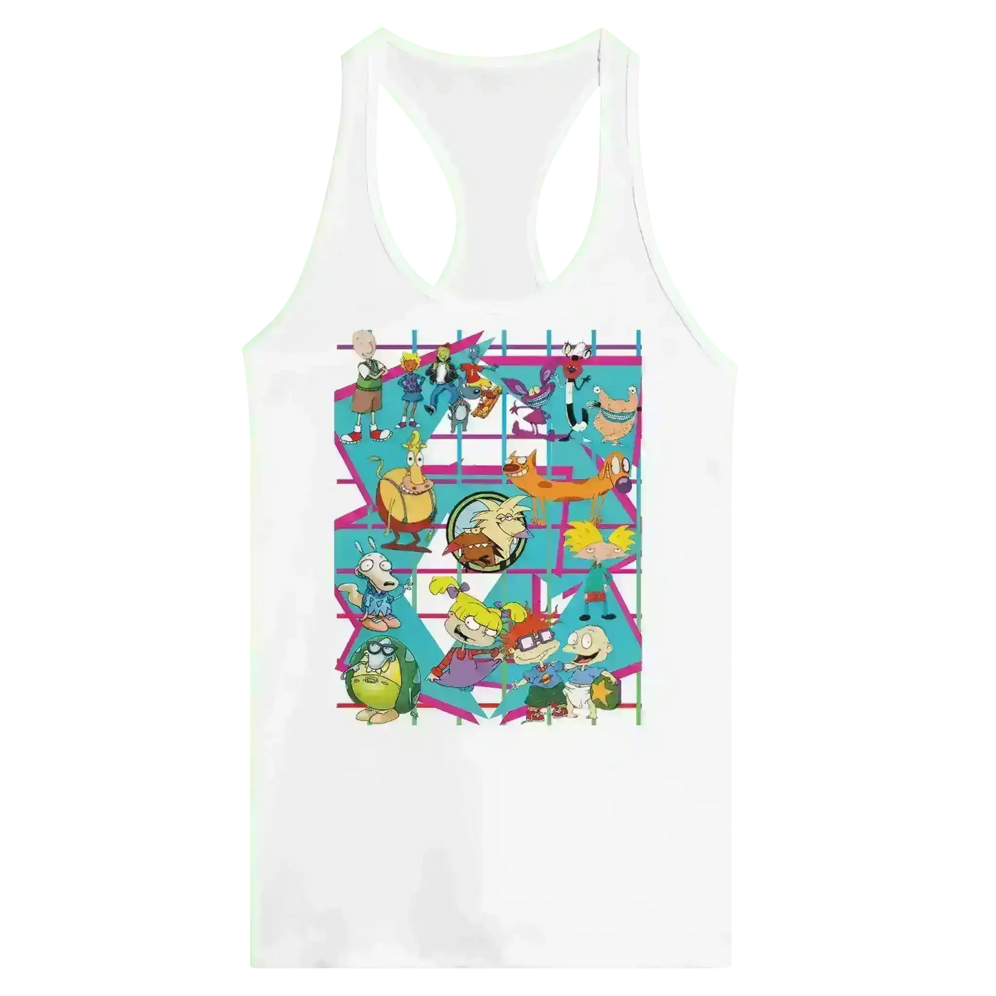 White racerback tank featuring a grid of colorful 90s retro cartoon characters, Cady Creations