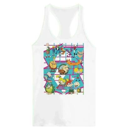 White racerback tank featuring a grid of colorful 90s retro cartoon characters, Cady Creations